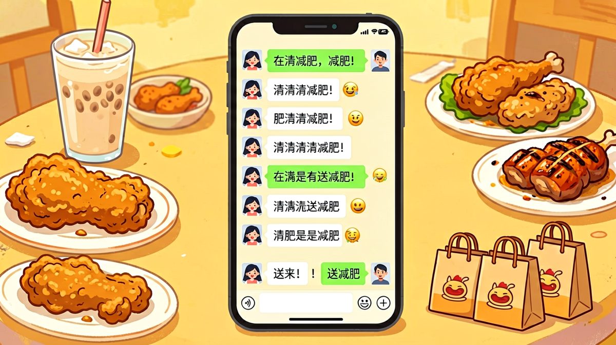 女生：从今天开始我要减肥！绝不吃晚饭！🔥男生：加油！💪（五分钟后）女生：其实不吃也行，少吃一点也行，要不就吃点沙拉吧——男生默默发了一张炸鸡外卖已送达的图片，附言：沙拉外卖也到了