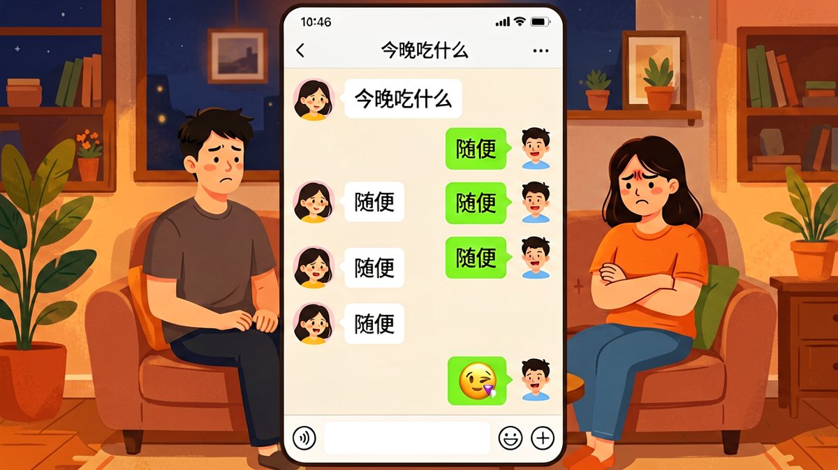 男生：晚上吃什么？女生：随便。男生：火锅？女生：太辣了，随便。男生：日料？女生：远，随便。男生：那你想吃什么？女生：我说了随便啊！男生：……那去吃随便吧，楼下新开的川菜馆叫随便
