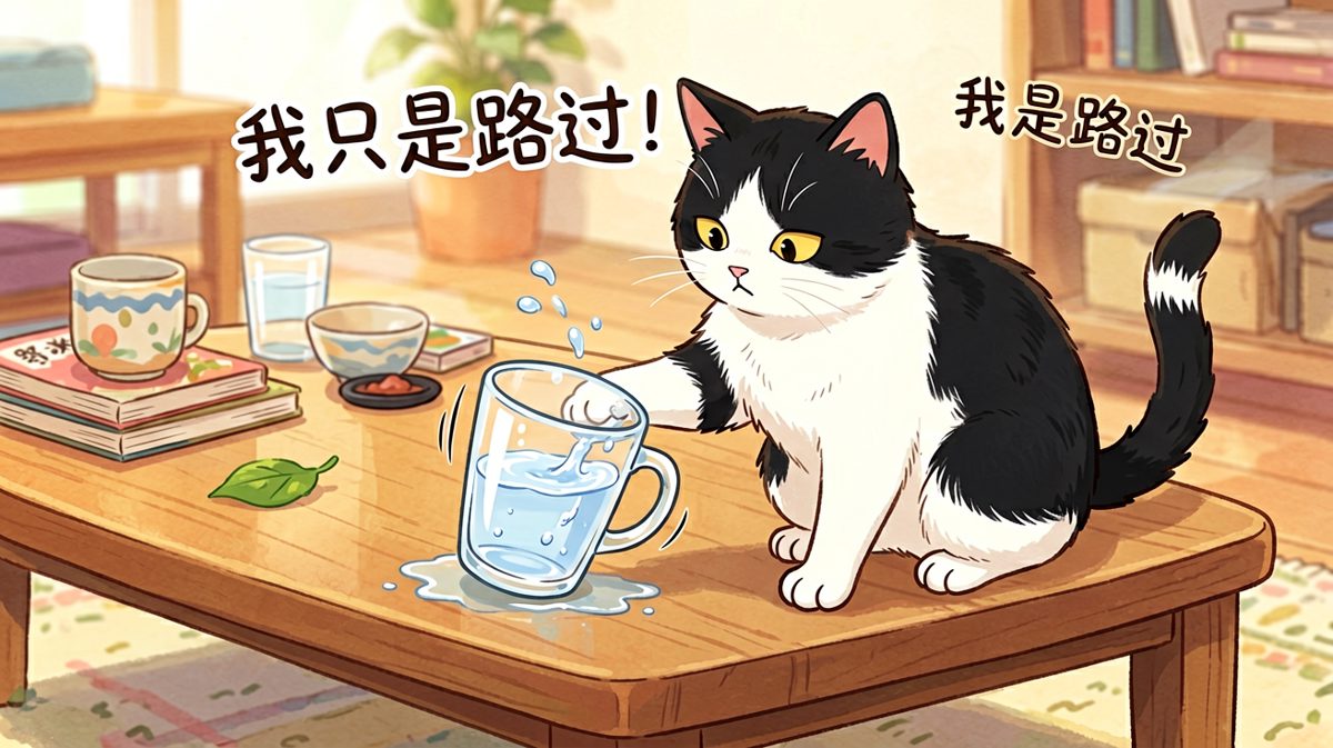 猫：我只是好奇，这杯子从桌上掉下去会发出什么声音