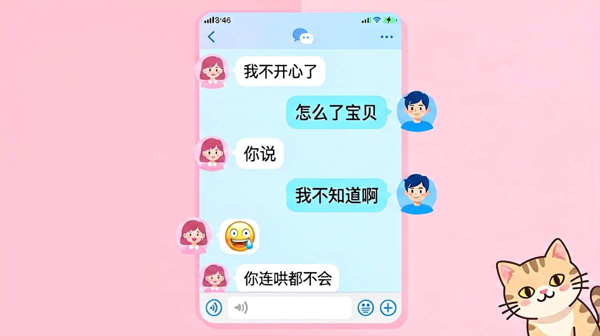 女生一句"我不开心了"，男生全程踩雷，最后一句语音直接结束战斗。