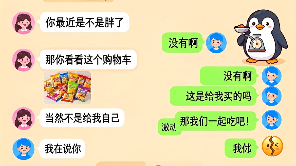 女生假装问体重，男生秒懂要一起吃零食，结果被反将一军。