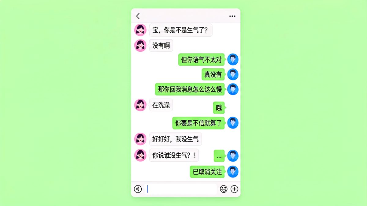 男生试图用'我没生气'来化解危机，却不知道自己已经踩中了终极雷区。