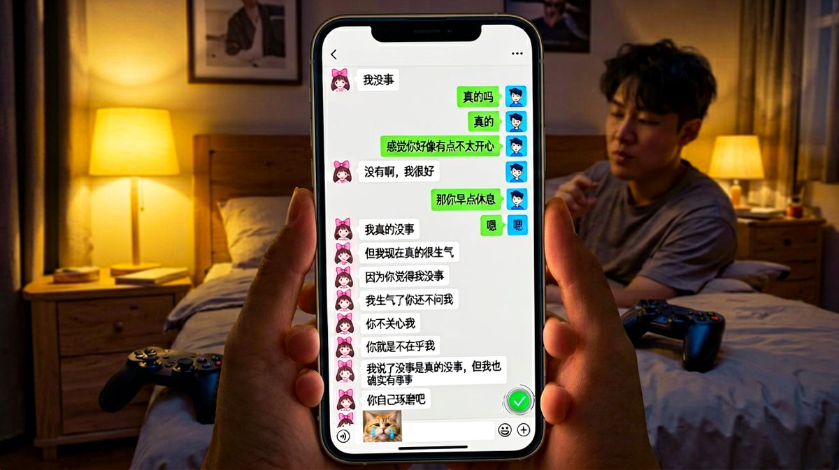 我没事=我有事，经典情侣翻译难题，九连发让直男彻底懵圈