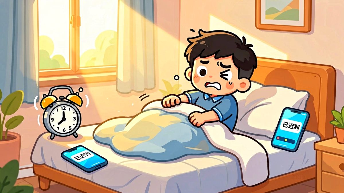 闹钟响起，小明与床做了最后的缠绵告别。