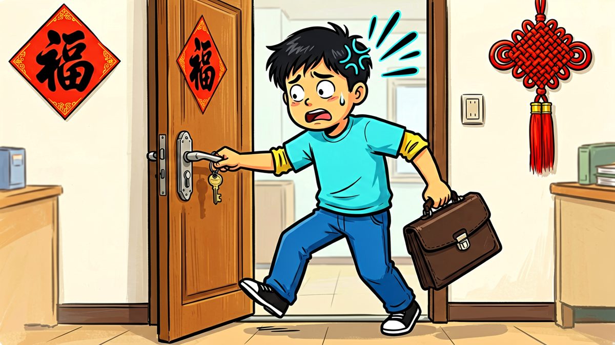 走到门口才想起：钥匙，还在屋里。