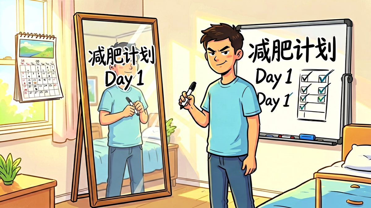 主角雄心壮志开启减肥第一天，誓言满满。