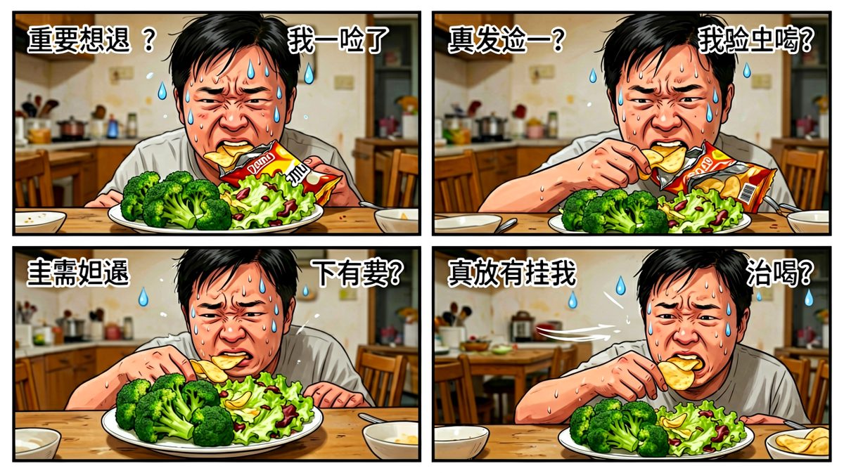 沙拉太难以下咽，手比脑子快，零食先入嘴。