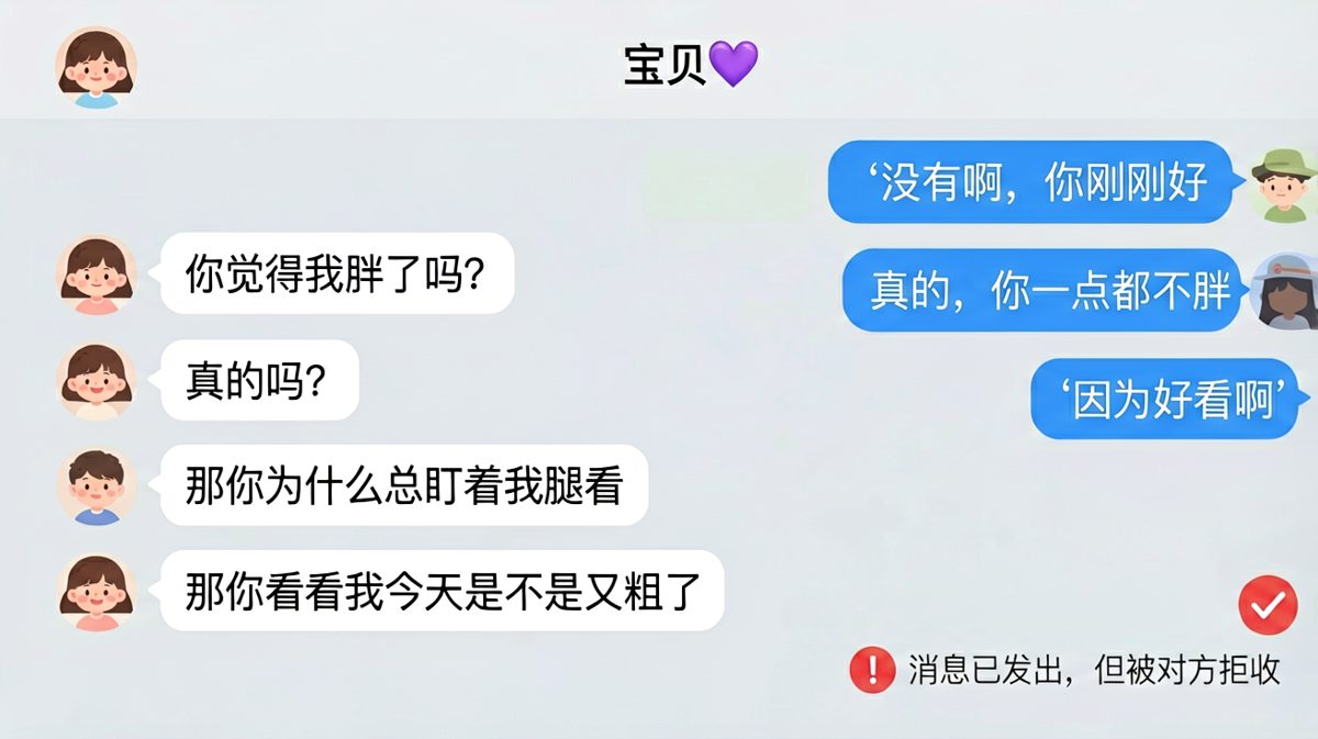 女生设下'我胖了吗'陷阱，男生以为逃过一劫，结果最后一条消息直接炸了