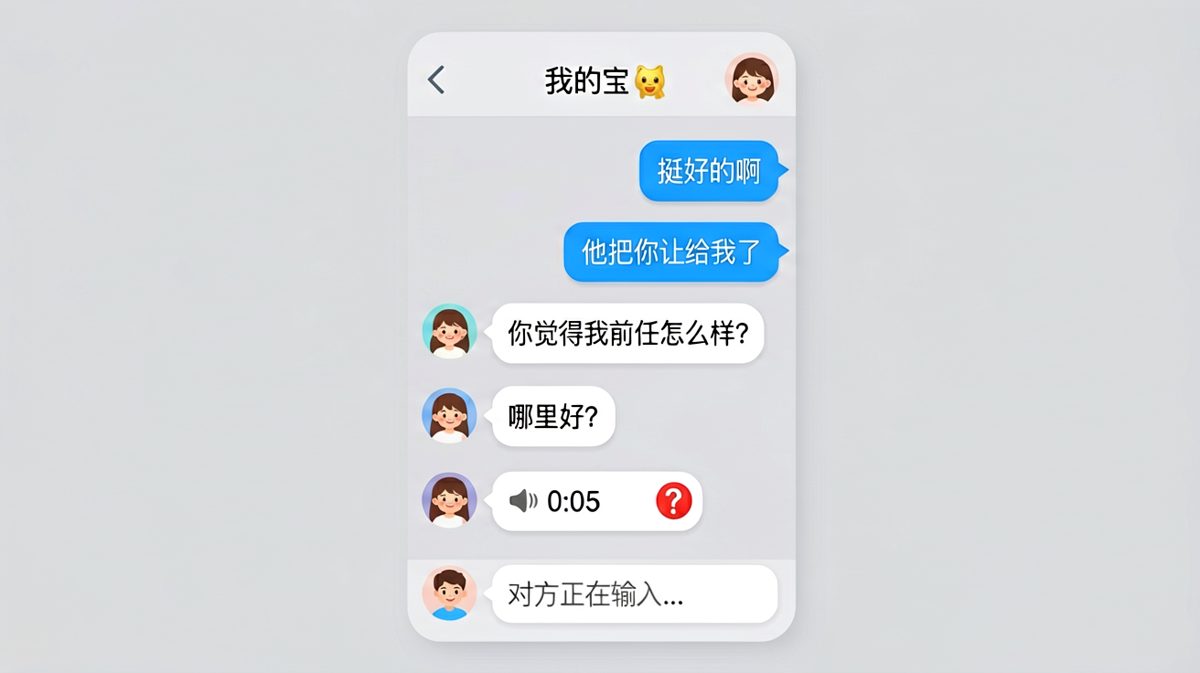 女生问前任好不好，男生秒回'他把您让给我了'，女生无语到发语音