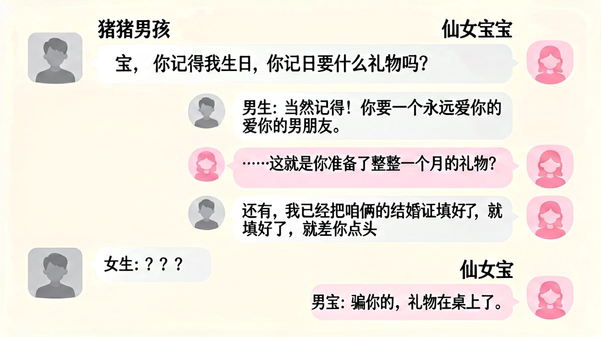 男生说记住生日要礼物，结果反手掏出一张结婚证草稿，女生无语凝噎。