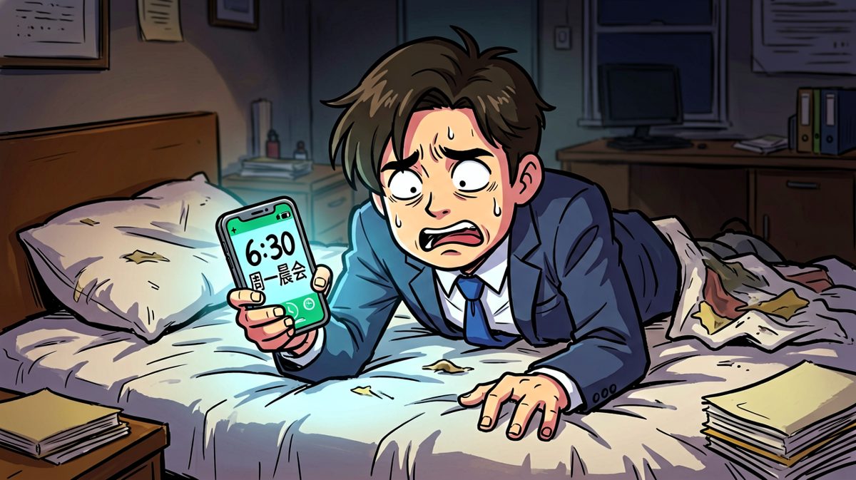 第一格：闹钟响起，社畜内心一万头草泥马奔腾，果断按掉继续睡