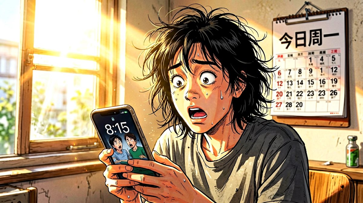 第二格：一睁眼发现已经迟到两个半小时，灵魂瞬间出窍