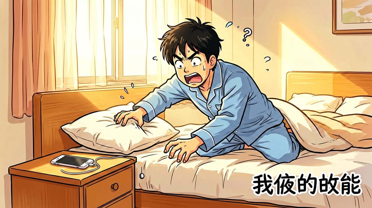 第一格：闹钟响后猛然惊醒，发现手机不见了！开始疯狂搜索