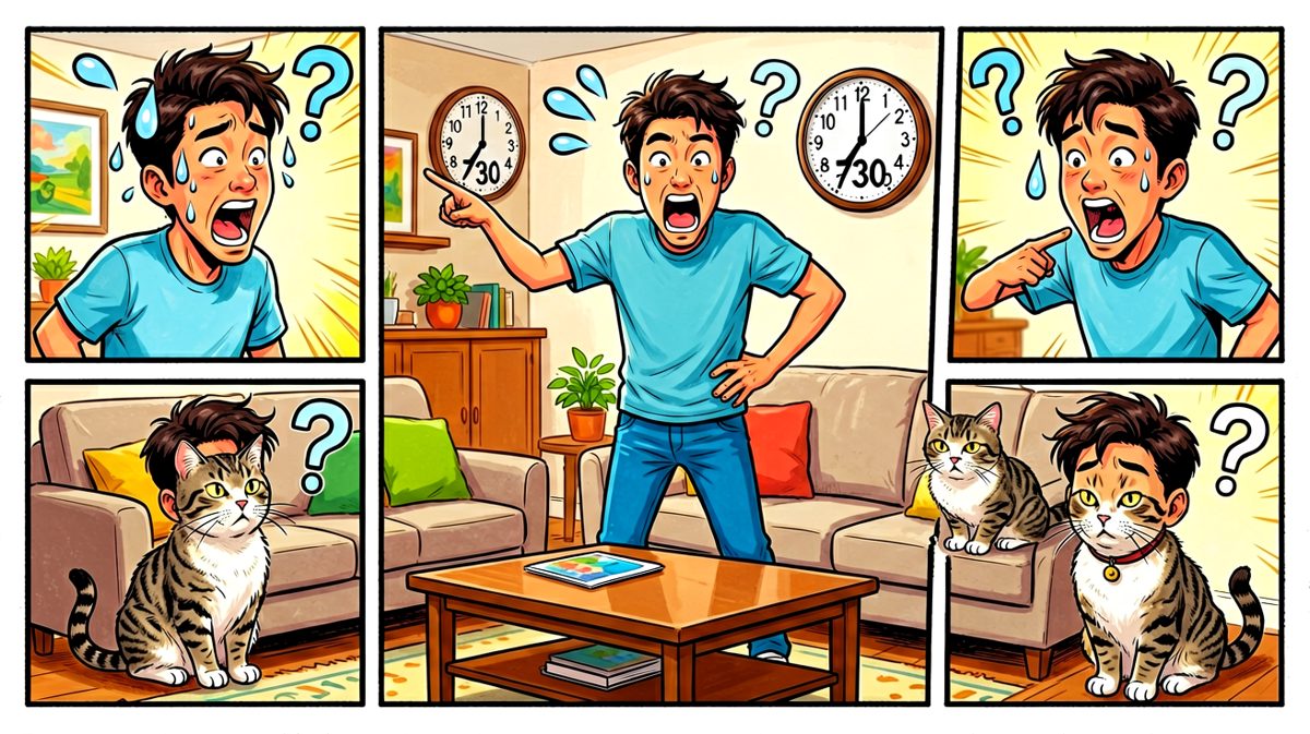 第二格：发动全家提问——'你们看见我手机了吗？'，连猫都不放过