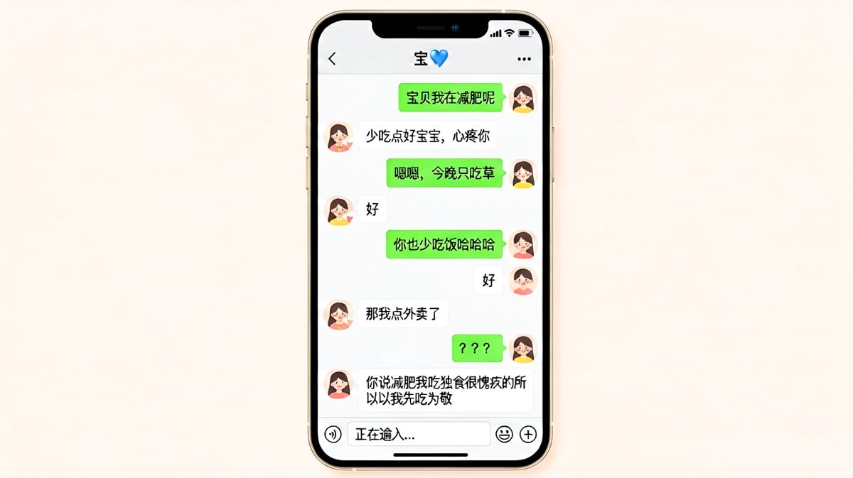减肥时的默契：你说少吃，他说先吃，各不相让。