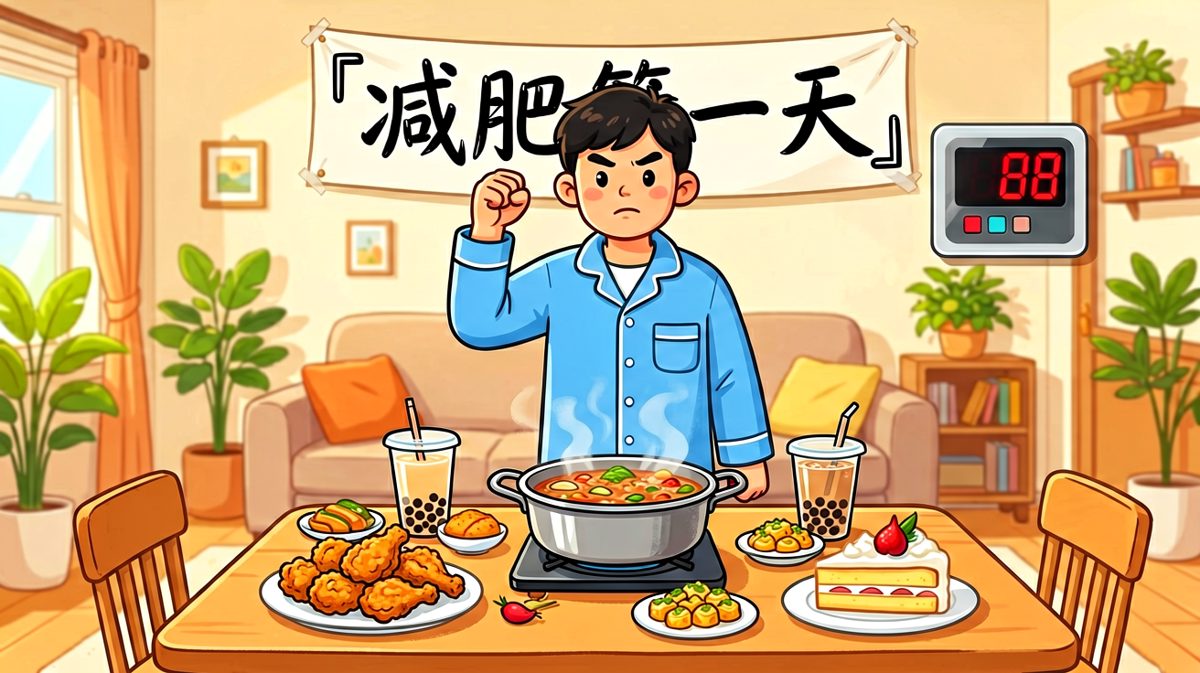 男生信心满满地宣告减肥第一天开始。