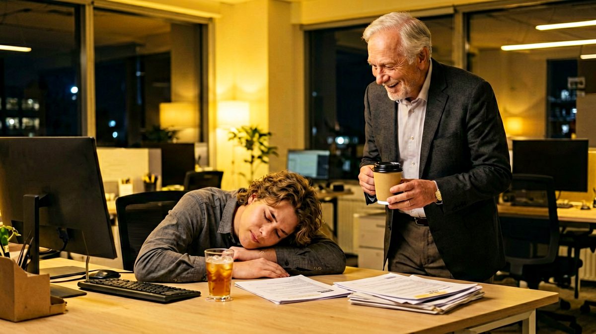 老板感动员工深夜加班，结果员工在打游戏打瞌睡