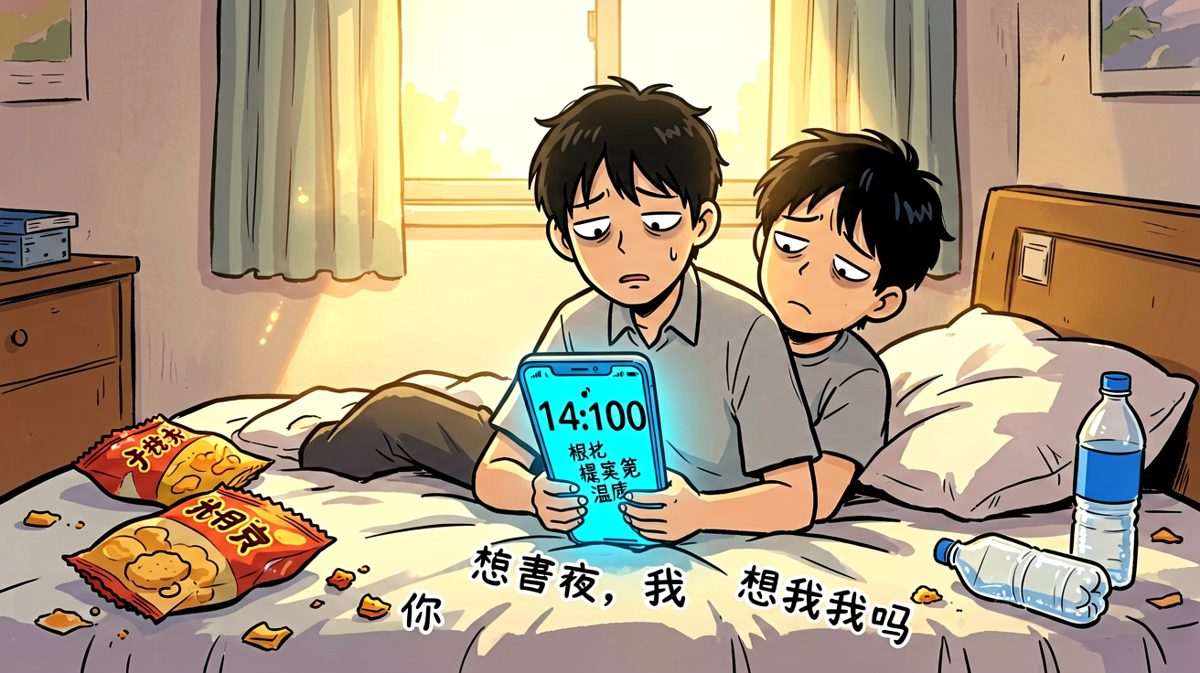 主角睡到下午两点才醒，肚子咕咕叫，赶紧点外卖救急。
