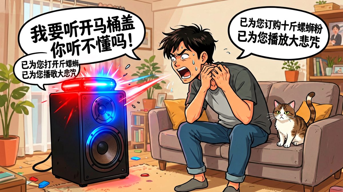 男子气急败坏大吼，音箱开始疯狂乱执行各种离谱操作。