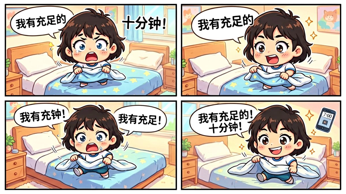 主角按掉闹钟，自信满满地认为自己有充足时间