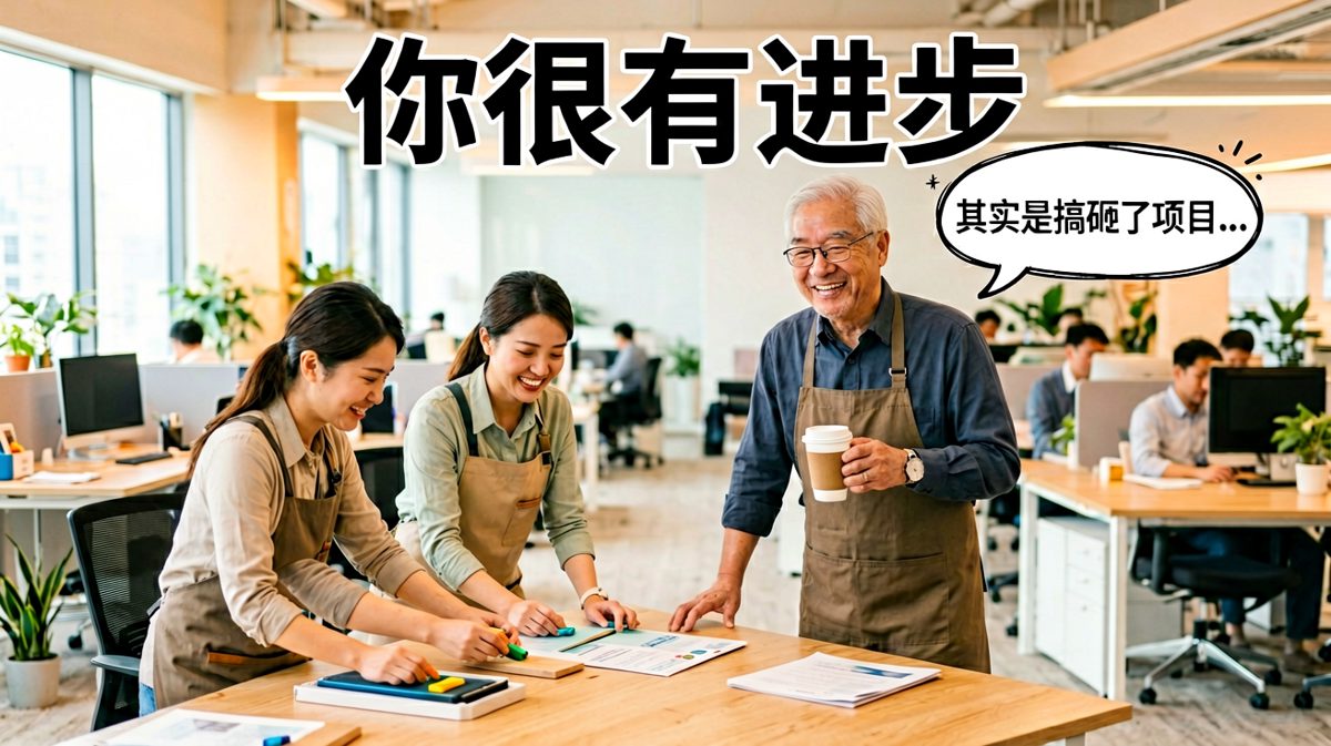 老板表扬员工进步，员工表面开心，实际是因为搞砸了项目被反向表扬的神反转现场。