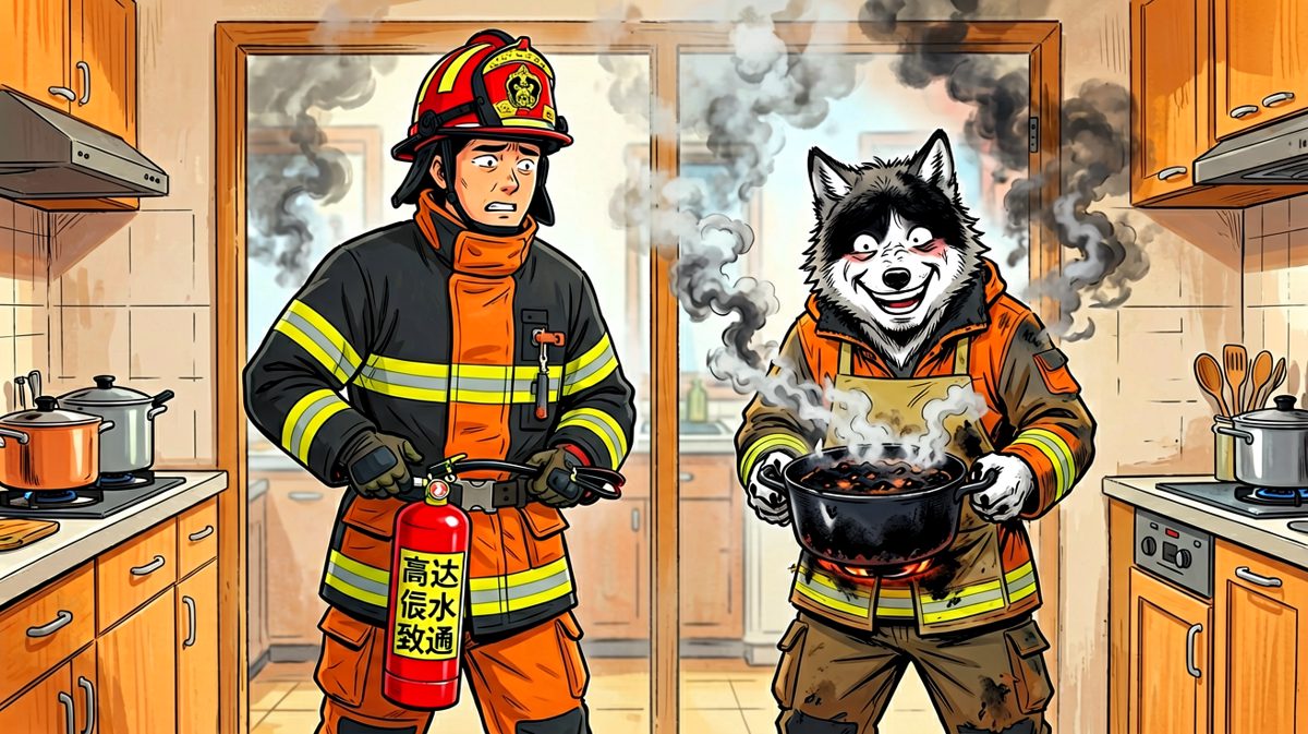 第3格：消防叔叔，我本来只是想煎个蛋……