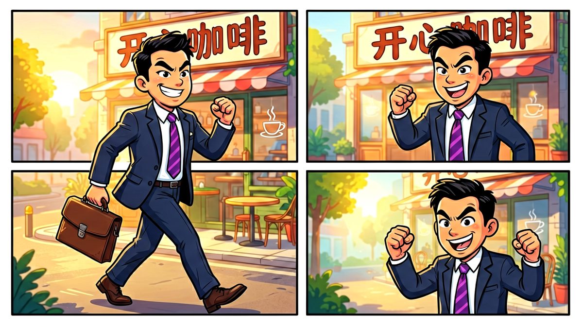 主人公满怀信心地走向咖啡店，准备用一杯咖啡唤醒自己。