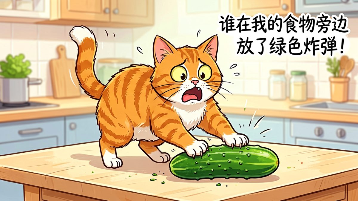 猫咪被黄瓜吓到原地起飞，表情管理全面崩盘。