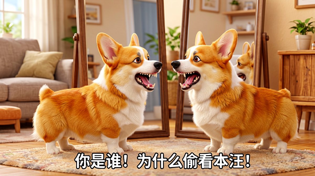 狗狗跟镜子里的自己打了一下午，还没分出胜负。