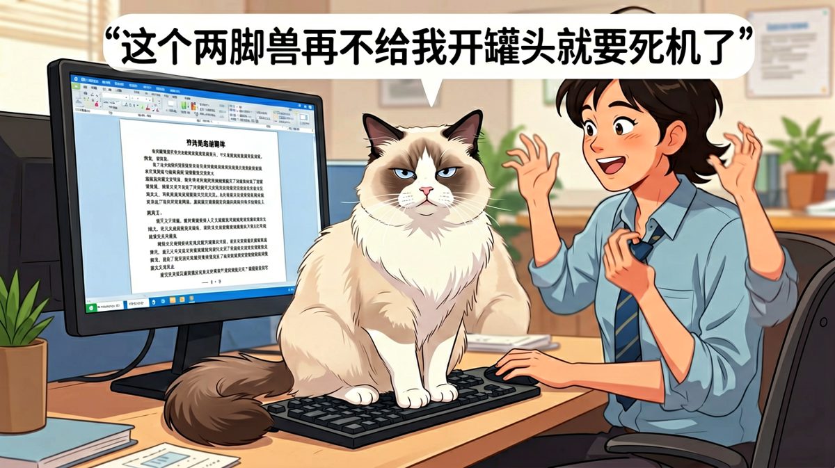 猫咪精准卡位在键盘C位，让主人的PPT直接见鬼去吧。