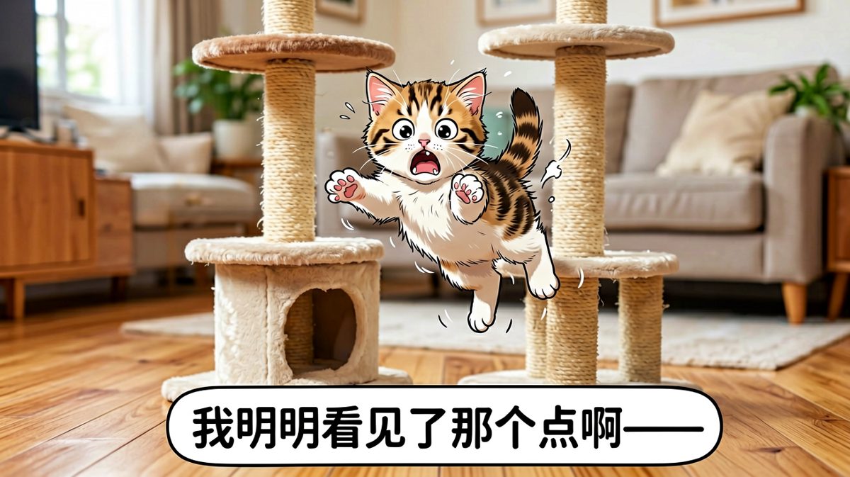 猫咪的跳跃计划失败现场，空中姿势比表情包还丰富。