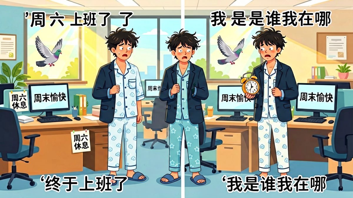 第四格：冲到公司才发现——今天是周六