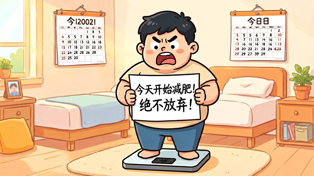 看到体重数字后，他立下了坚定的减肥誓言。