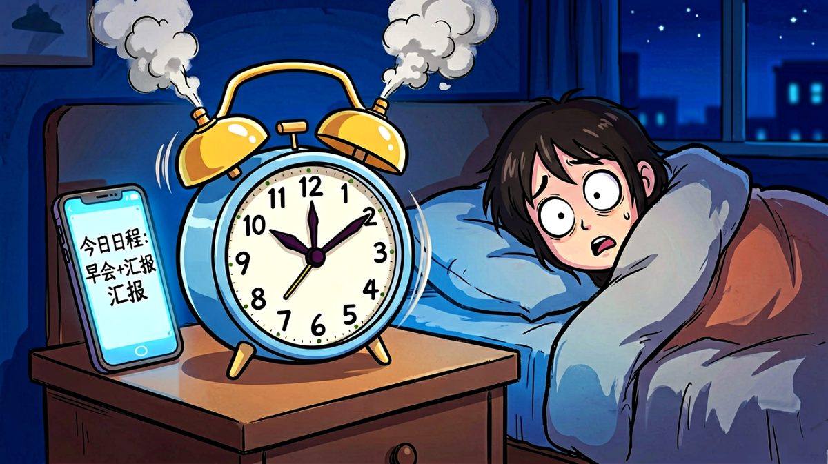 第一格：闹钟响起，主人公从被子中露出惊恐的眼神，看到手机日程后崩溃。