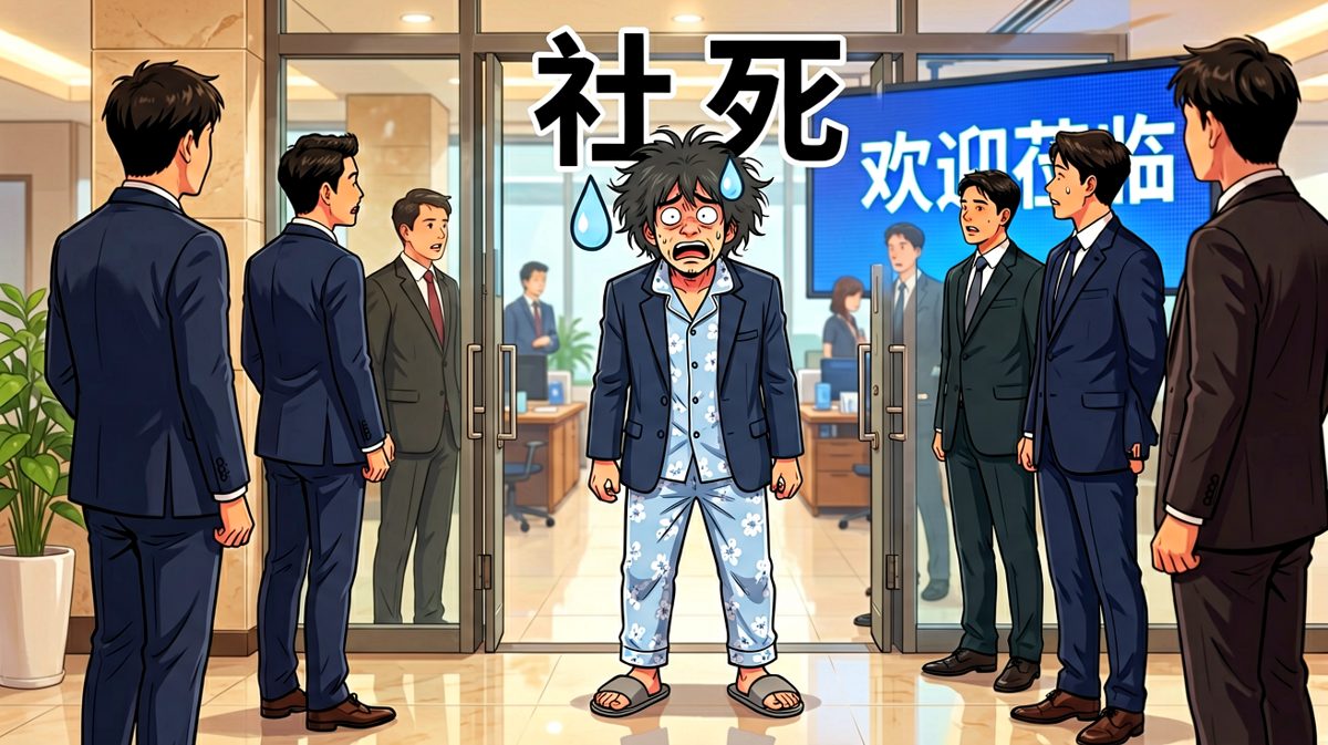 第四格：主人公穿着睡衣拖鞋冲进公司，全员社死现场。