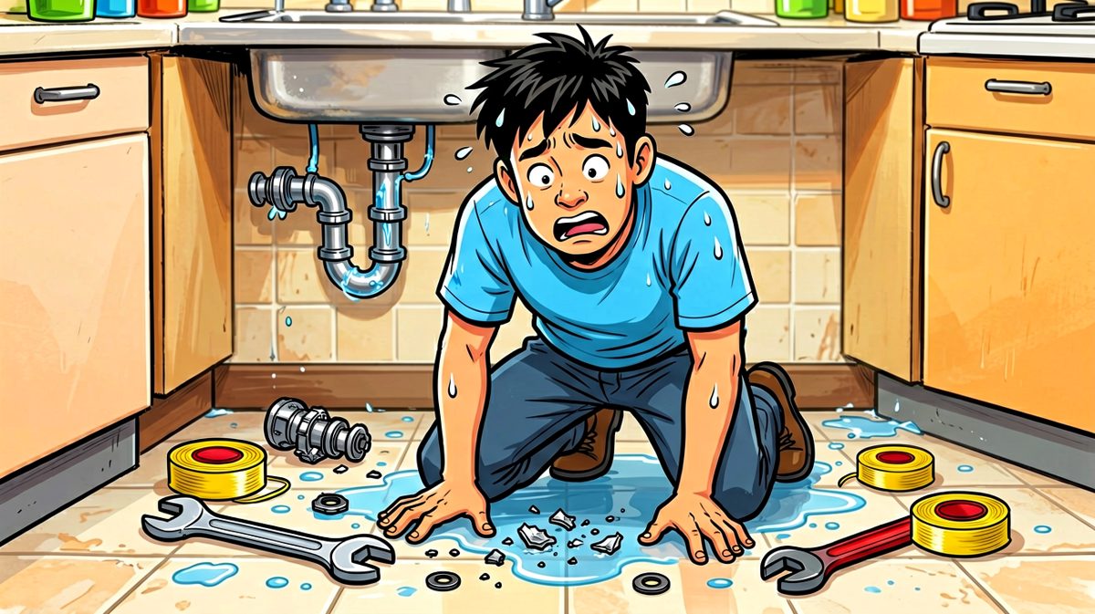 格二：一阵折腾后，零件散落一地，男子汗流浃背。