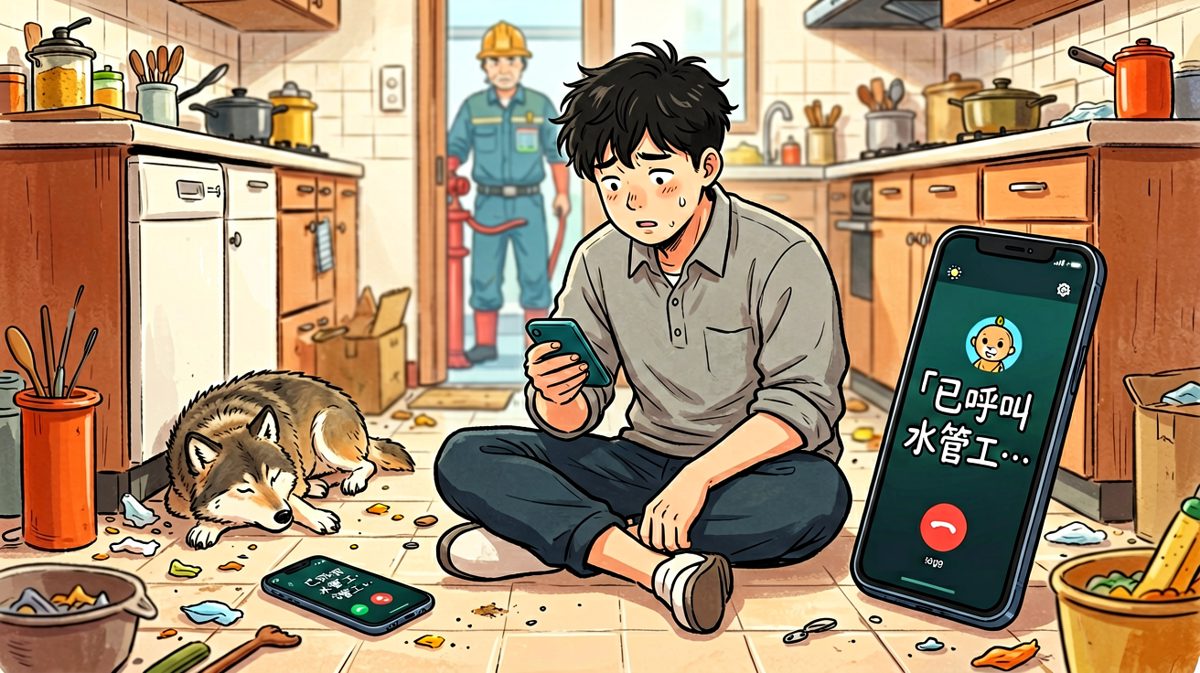 格四：两小时后，男子认命地等来了水管工，后悔莫及。