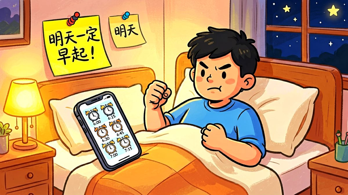 信心满满设定六个闹钟，誓要战胜懒床。