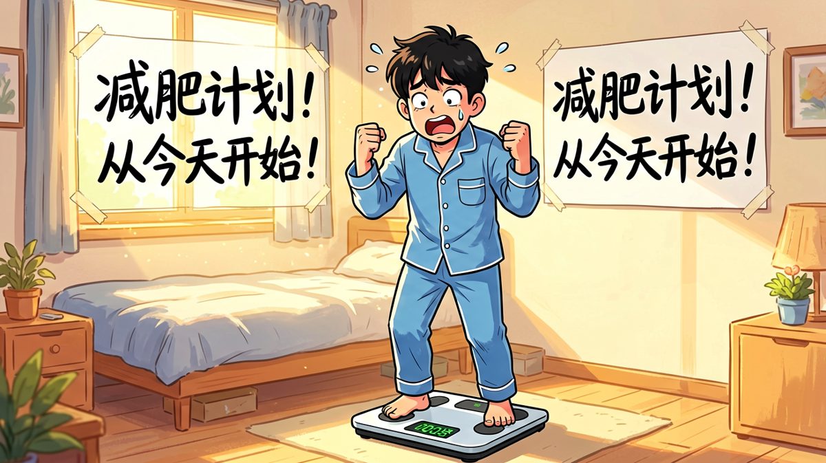 主角看着体重秤上的数字，当场立下减肥誓言