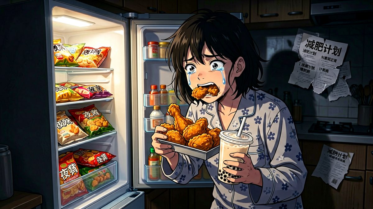 深夜的主角终究败给了食欲，边哭边吃