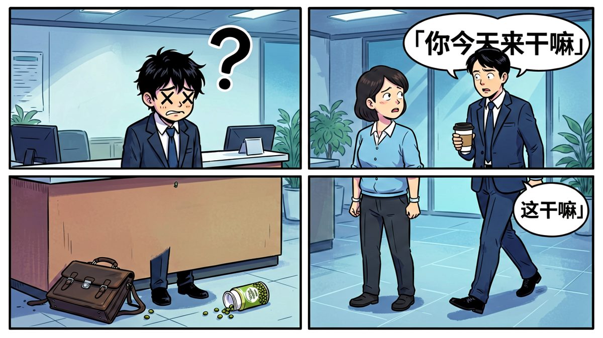 同事：你今天来干嘛？主角：……今天不是周一吗？同事：今天是周日。