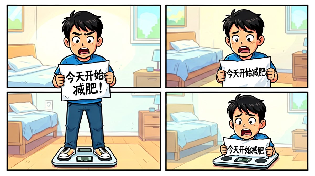 主角望着体重秤上的数字，当场立下减肥flag。