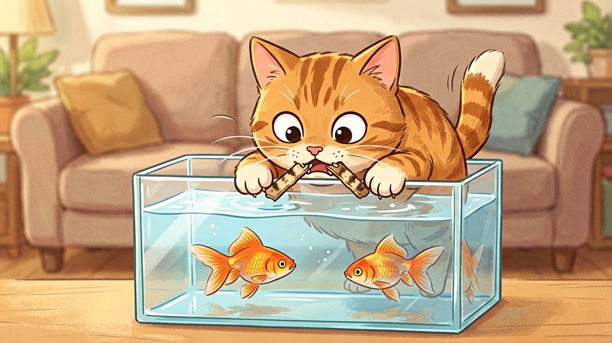 猫咪偷吃鱼缸，金鱼慌了但出不来