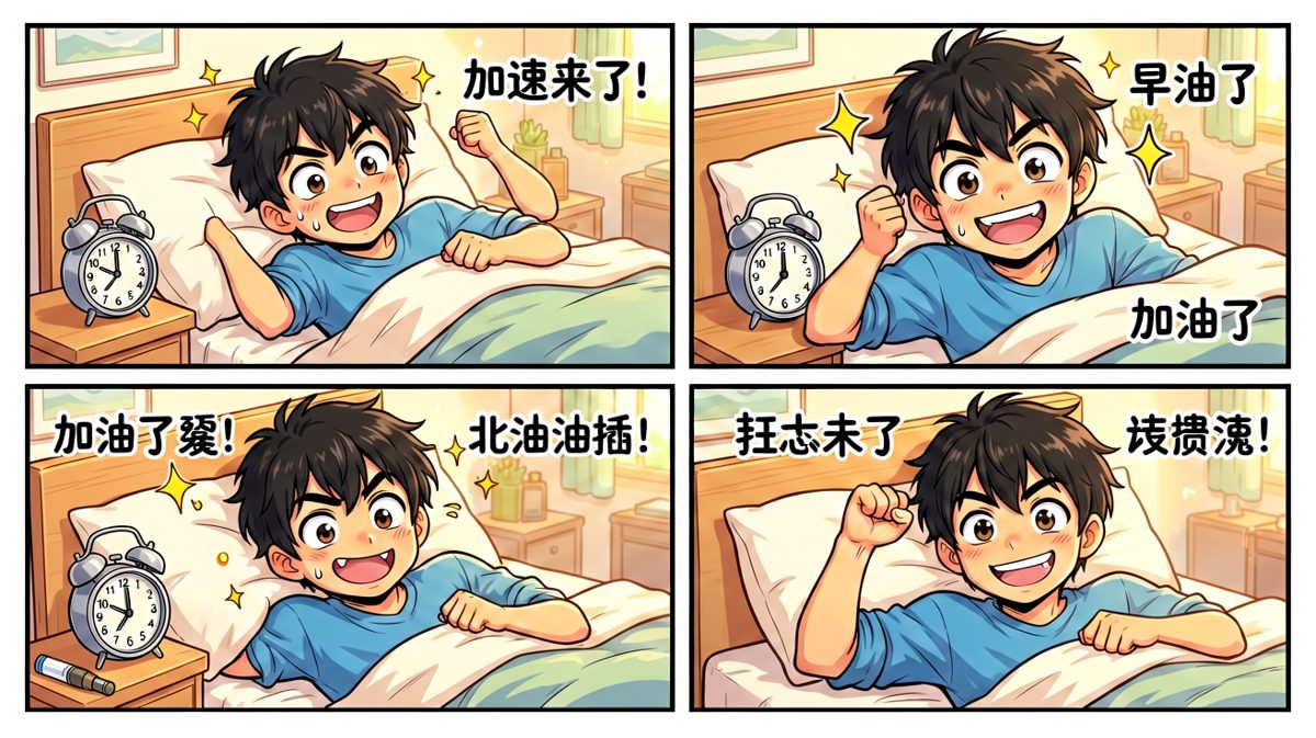 主角信心满满地设定闹钟，准备迎接美好的一天。