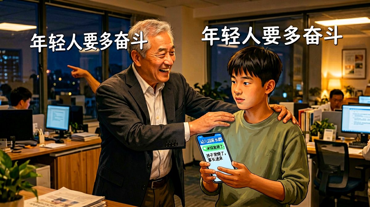 老板：'年轻人不要老想着下班。' 员工：'老板，我们家神兽发烧了，您先奋斗，我回去奋斗下一代。'