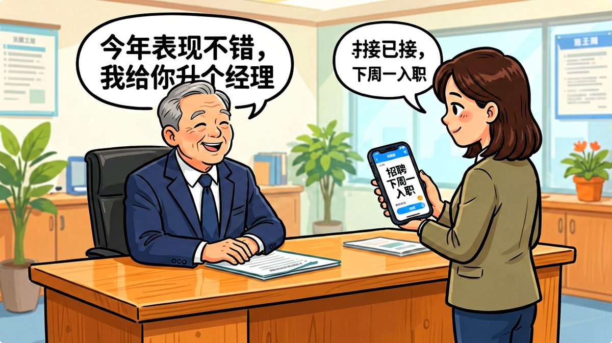 老板：'明年给你升职加薪！' 员工：'谢谢老板，不过我已经升了——升去新公司了，下周入职。'