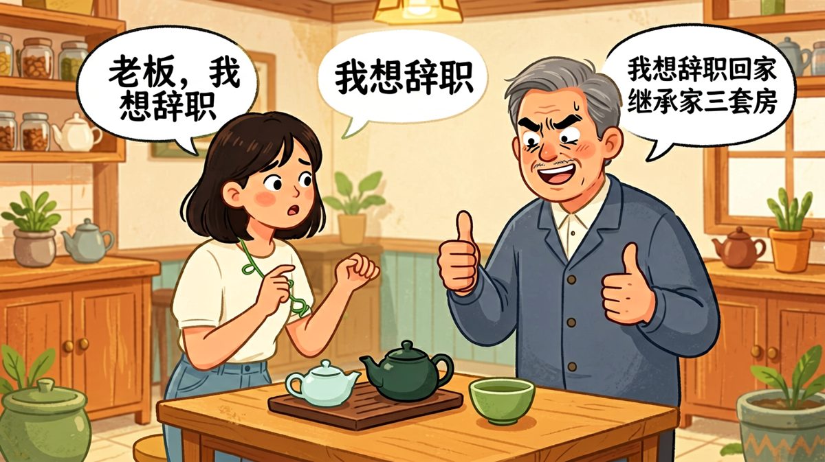 员工：'老板我想辞职。' 老板：'为什么？' 员工：'家里三套房收租，忙不过来。' 老板：'……保重，常联系！'