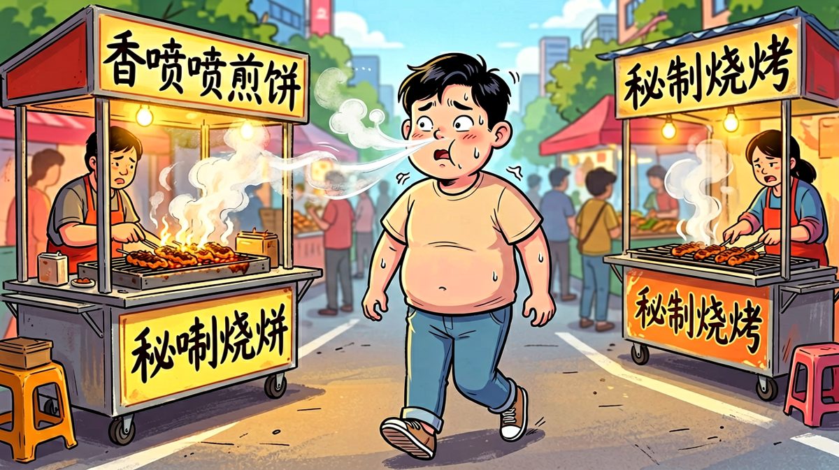 路过美食摊，意志力开始动摇