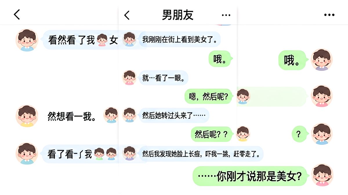男友说街上看到美女，结果反转是对方长痘吓到他了，令人窒息的答案。