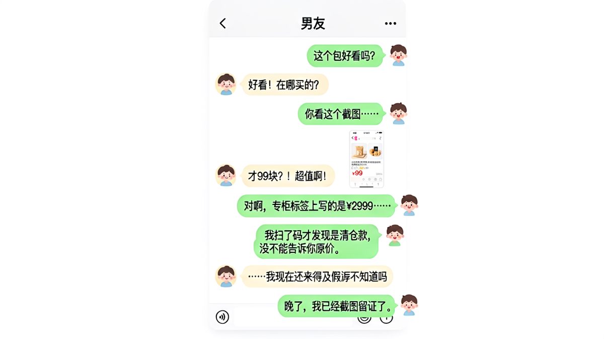 男友隐瞒礼物原价只报清仓价，却被女友截图文证反向拿捏。